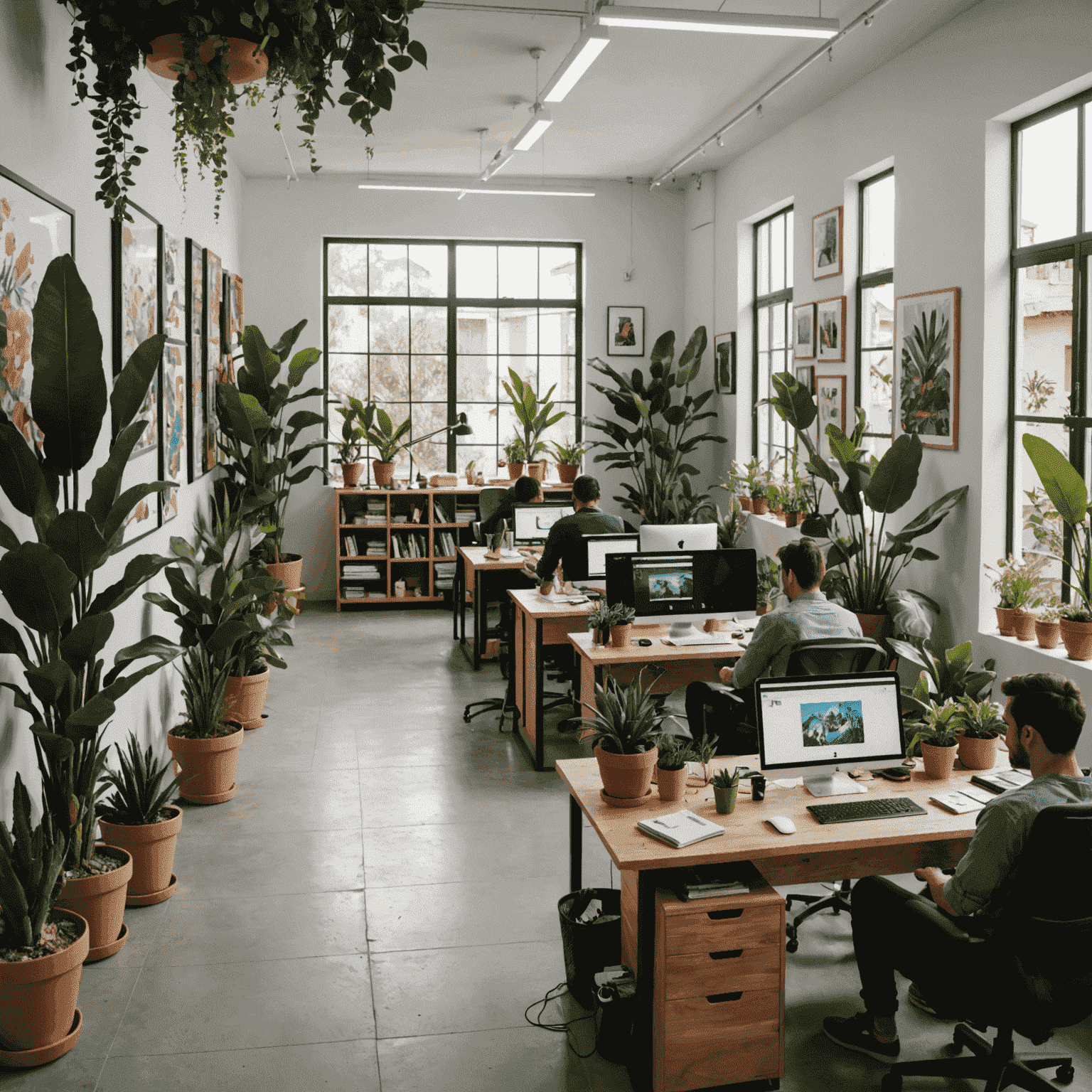 Imagen de nuestra oficina en México, mostrando un espacio moderno y luminoso con estudiantes trabajando en computadoras, rodeados de plantas y arte inspirador