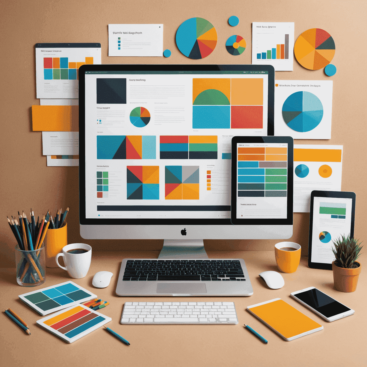 Imagen representativa de diseño web con elementos gráficos como pantallas de computadora, paletas de colores y herramientas de diseño