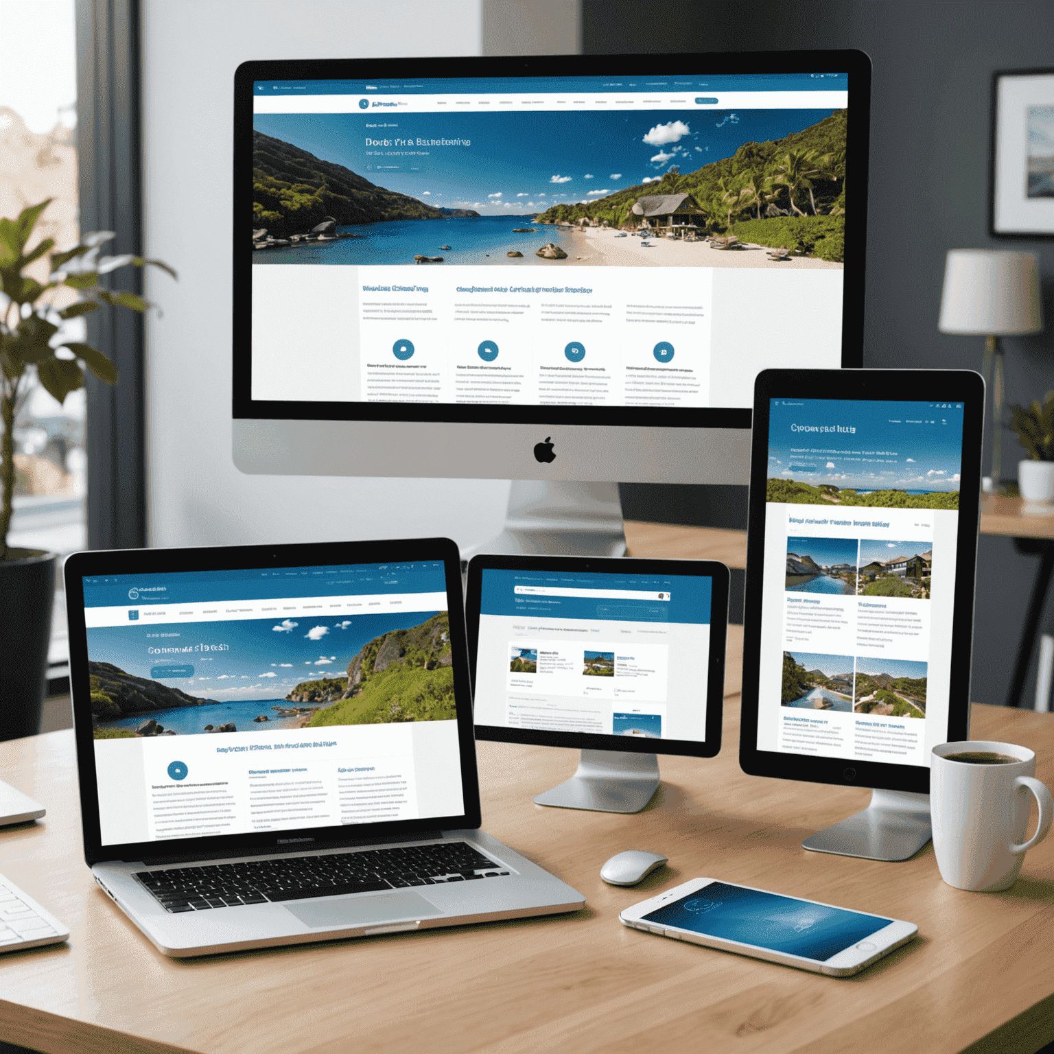 Imagen que muestra varios dispositivos (computadora de escritorio, tableta y teléfono inteligente) mostrando el mismo sitio web adaptado a cada tamaño de pantalla, ilustrando el concepto de diseño responsivo