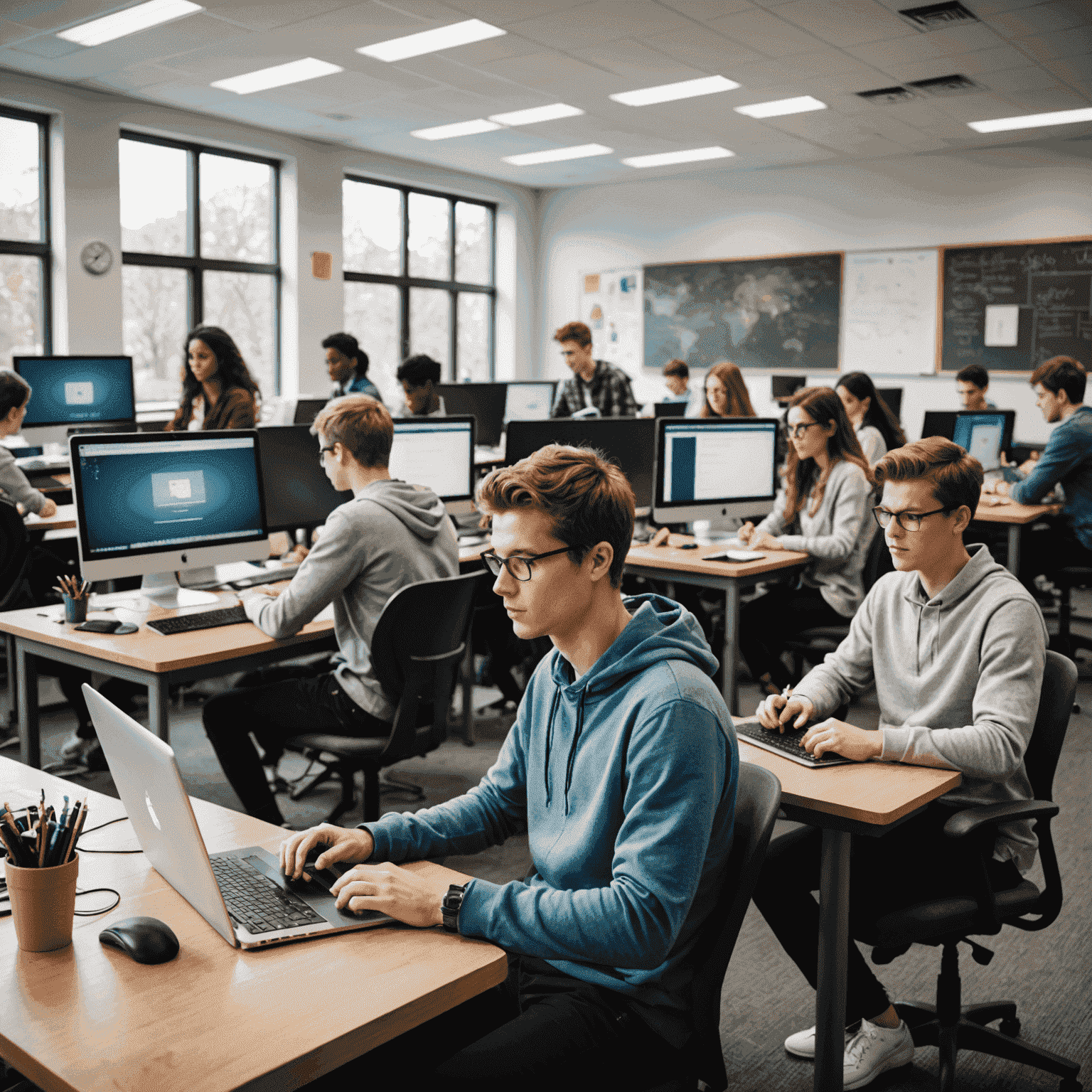 Estudiantes trabajando en computadoras en un aula moderna, diseñando sitios web
