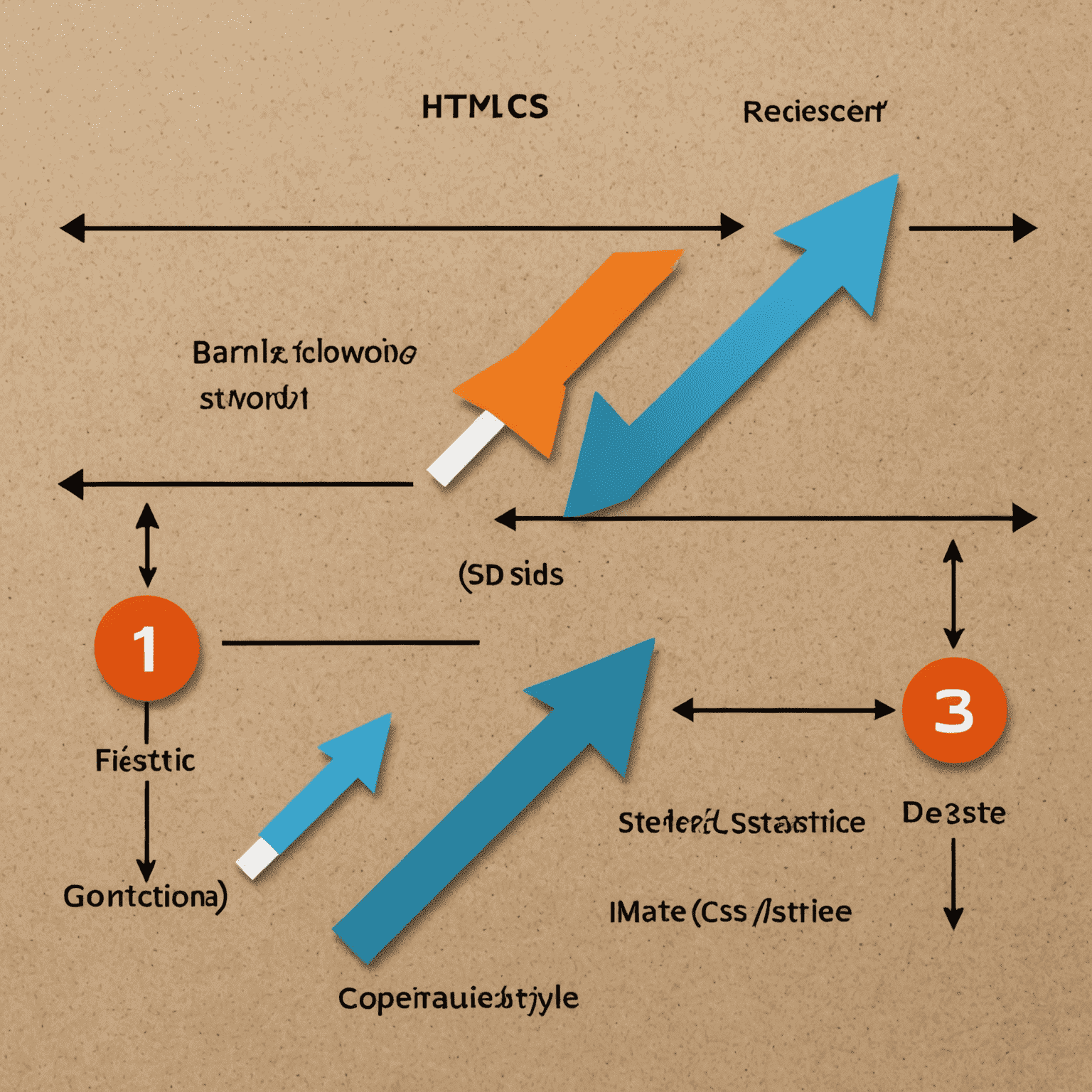 Imagen que muestra código HTML y CSS lado a lado, con flechas que conectan elementos HTML con sus estilos CSS correspondientes