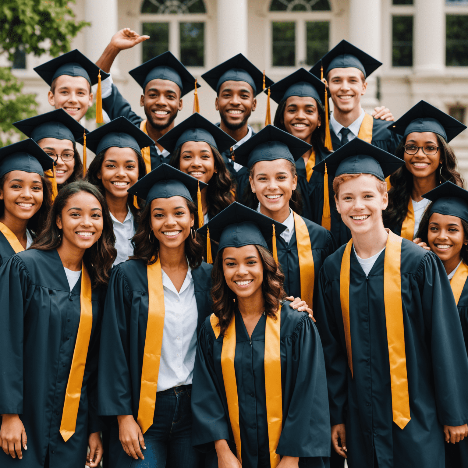 Grupo diverso de estudiantes celebrando su graduación del programa de diploma en diseño web