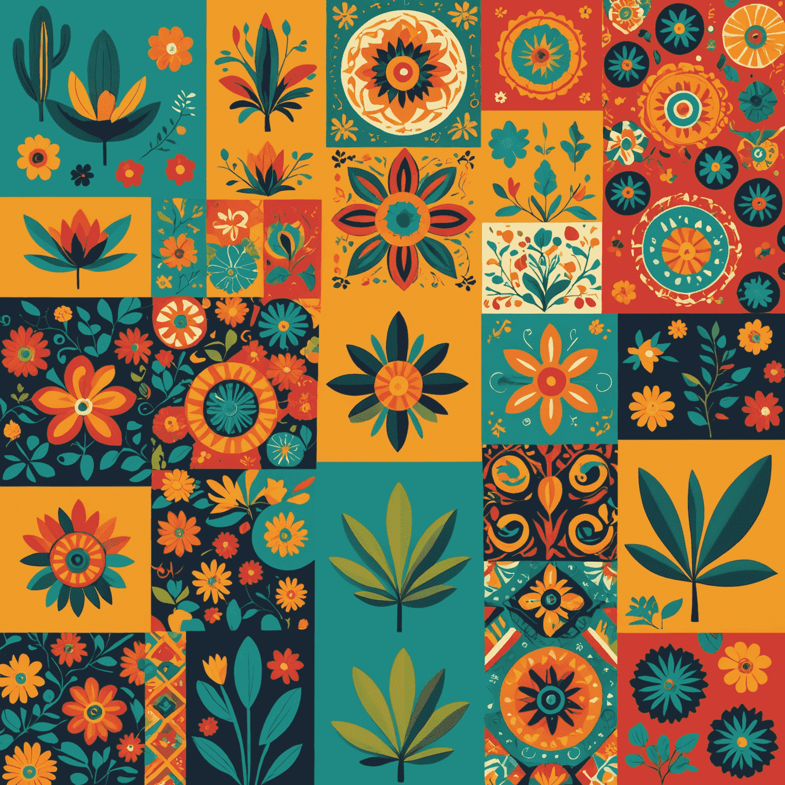 Collage de imágenes que representan tendencias de diseño web en México, incluyendo colores vibrantes y patrones tradicionales