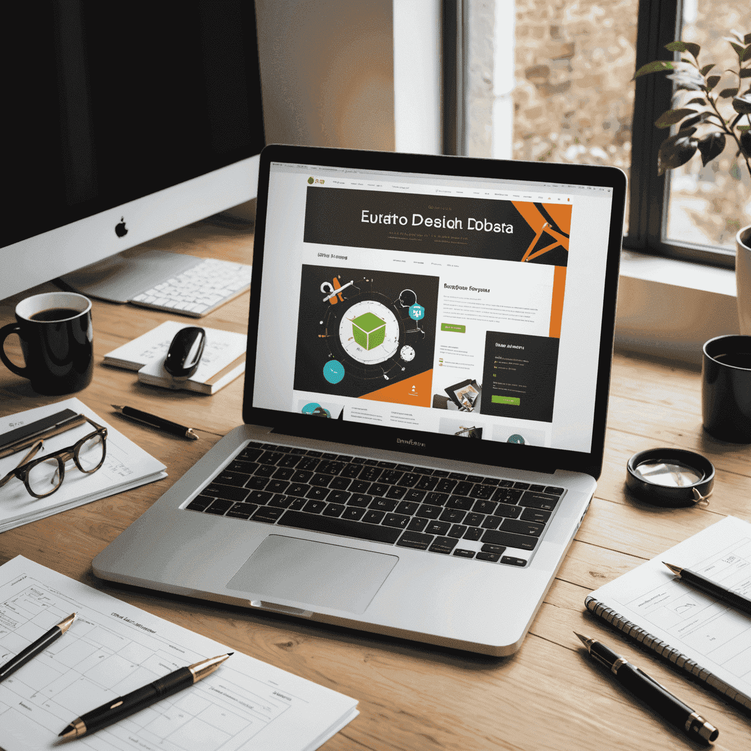 Imagen de un diploma de diseño web junto a una computadora y herramientas de diseño